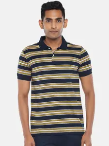 BYFORD by Pantaloons Men Blue & Yellow Striped Polo Collar Slim Fit T-shirt