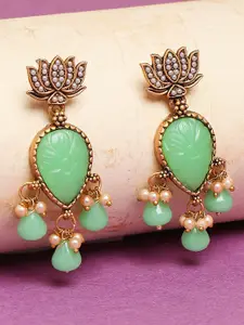 OOMPH Green & Gold-Toned Floral Drop Earrings