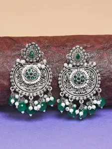 OOMPH Green & Silver-Toned Floral Chandbalis Earrings