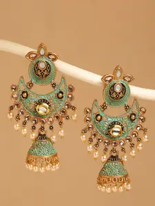 OOMPH Green Contemporary Kundan Meenakari Chandbalis Earrings