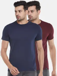 People Men Set Of 2 Navy Blue & Maroon Slim Fit Solid T-shirt