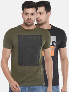 People Men Set Of 2 Black & Green Printed Slim Fit T-shirt