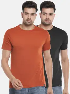 People Men Pack of 2 Black and Rust Slim Fit T-shirt