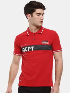 V-Mart Men Red Typography Colourblocked Polo Collar Slim Fit T-shirt