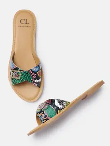 Carlton London Women Multicoloured Textured Open Toe Flats with Buckles Detail