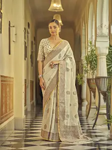 elora Beige & Gold-Toned Woven Design Linen Blend Banarasi Saree