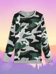 YK Teen Boys Grey Melange & Green Camouflage Design Pullover