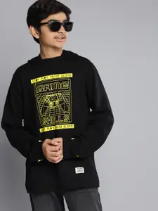 YK Boys Black & Yellow Graphic Printed Hooded Sweatshirt