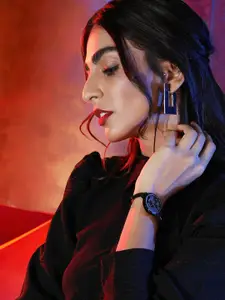 Timex Women Black Brass Floral Printed Dial & Black Analogue Watch TWEL128SMU03