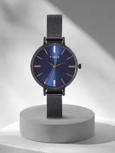 Timex Women Blue Brass Dial & Black Bracelet Style Straps Analogue Watch TWEL155SMU03