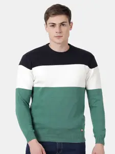 t-base Men Green & Black Colourblocked Striped Pullover