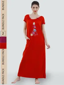 Romaisa Red Printed Maxi Nightdress