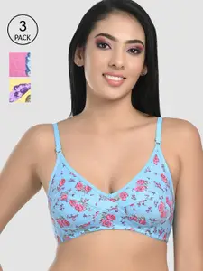 StyFun Women Blue and Pink and Yellow Printed Bra Pack of 3