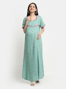 Mylo Sea Green Printed Maternity Maxi Nightdress