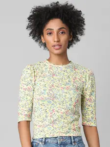 ONLY Women Yellow Floral Printed Slim Fit T-shirt