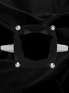 HIFLYER JEWELS 92.5 Sterling Silver Rhodium-Plated Black Stone-Studded Finger Ring
