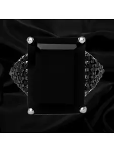 HIFLYER JEWELS 92.5 womens Sterling Silver Rhodium-Plated Black Stone-Studded Finger Ring