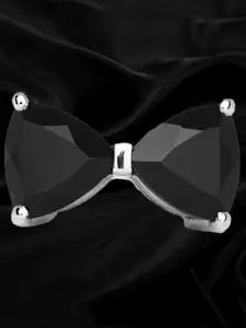 HIFLYER JEWELS Rhodium-Plated Silver-Toned & Black Spinel Gemstone-Studded Finger Ring