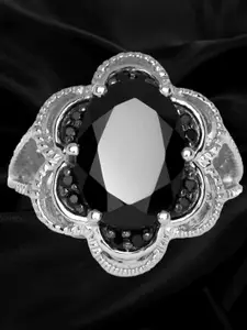 HIFLYER JEWELS Women Rhodium-Plated Black Stone-Studded Finger Ring