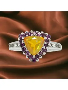 HIFLYER JEWELS Women Rhodium-Plated Silver-Toned & Yellow Garnet Stone Studded Finger Ring