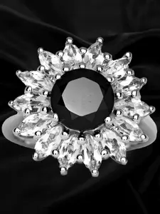 HIFLYER JEWELS Rhodium-Plated 925 Sterling Silver Black Stone Studded Finger Ring
