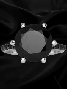 HIFLYER JEWELS Rhodium-Plated 925 Sterling Silver Black Stone Studded Finger Ring