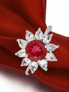 HIFLYER JEWELS 92.5 Sterling Silver Rhodium-Plated Red & White Topaz Stone-Studded Finger Ring