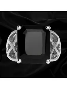 HIFLYER JEWELS 92.5 Sterling Silver Rhodium-Plated Black Stone-Studded Finger Ring