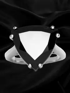 HIFLYER JEWELS Rhodium-Plated 925 Sterling Silver Black Stone Studded Finger Ring