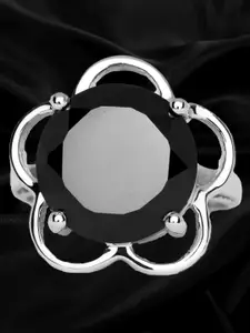 HIFLYER JEWELS Rhodium-Plated 925 Sterling Silver Black Stone Studded Finger Ring