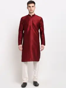 Jompers Men Maroon Dupion Silk Kurta with Pyjamas