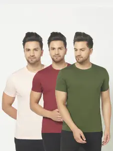THE DAILY OUTFITS Men Pack of 3 Peach, Maroon & Olive Round Neck T-shirt