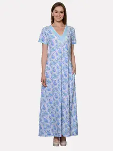 PATRORNA Blue & White Floral Printed Maxi Nightdress