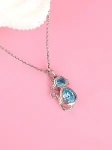 GIVA Rhodium-Plated Blue CZ-Studded Pendant With Link Chain