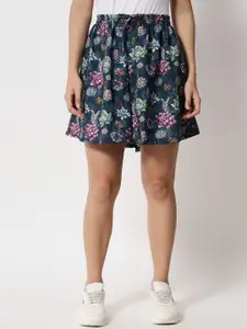 FFLIRTYGO Women Teal Green Floral Printed Loose Fit Shorts