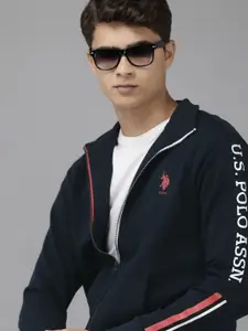 U.S. Polo Assn. U S Polo Assn Men Navy Blue Open-Front Solid Sweatshirt with Typography Sleeves