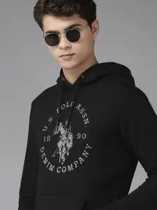 U.S. Polo Assn. Denim Co. Men Black Brand Logo Print Hooded Sweatshirt