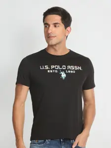 U.S. Polo Assn. Denim Co. U S Polo Assn Denim Co Men Black Brand Logo Printed Pure Cotton Slim Fit T-shirt