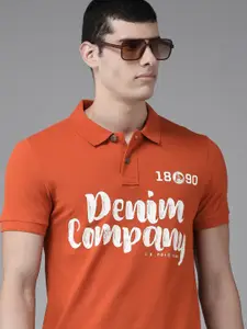 U.S. Polo Assn. Denim Co. U S Polo Assn Denim Co Men Red & White Typography Printed Pure Cotton Slim Polo T-shirt