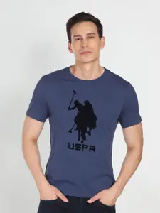 U.S. Polo Assn. Denim Co. U S Polo Assn Denim Co Men Blue Brand Logo Printed Applique Pure Cotton Slim Fit T-shirt
