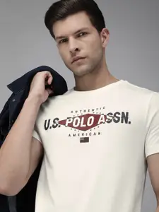 U.S. Polo Assn. Denim Co. U S Polo Assn Denim Co Men Off White Pure Cotton  Brand Logo Printed T-shirt