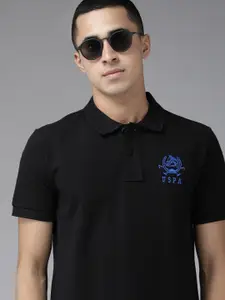 U.S. Polo Assn. U S Polo Assn Men Black Polo Collar Pure Cotton Slim Fit T-shirt