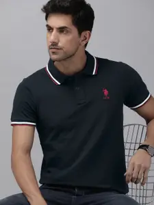 U.S. Polo Assn. Men Pure Cotton Solid Polo Collar T-shirt With Brand Logo Detail