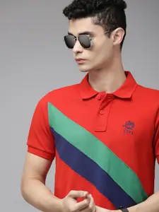 U.S. Polo Assn. Men Red & Green Striped Polo Collar Pure Cotton Slim Fit T-shirt