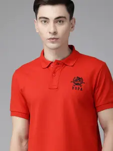 U.S. Polo Assn. U S Polo Assn Men Red Brand Logo Embroidered Polo Collar Pure Cotton Slim Fit T-shirt