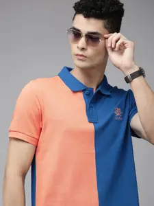 U.S. Polo Assn. U S Polo Assn Men Blue & Peach-Coloured Colourblocked Polo Collar Pure Cotton Slim Fit T-shirt