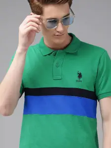U.S. Polo Assn. U S Polo Assn Men Green & Blue Colourblocked Polo Collar Pure Cotton Slim Fit T-shirt