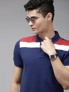 U.S. Polo Assn. U S Polo Assn Men Navy Blue & White Striped Polo Collar Pure Cotton Slim Fit T-shirt
