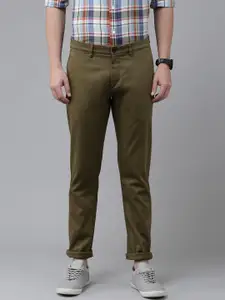 U.S. Polo Assn. U S Polo Assn Men Olive Green Textured Slim Fit Corduroy Chinos Trousers