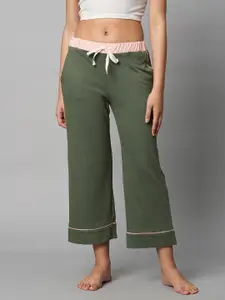 Chemistry Women Olive Green Solid Cotton Lounge Pants